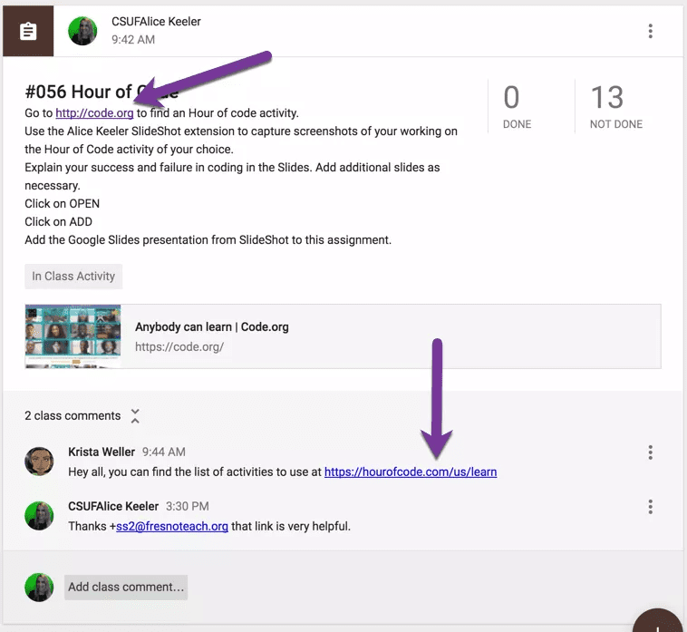 Google Classroom - class comments