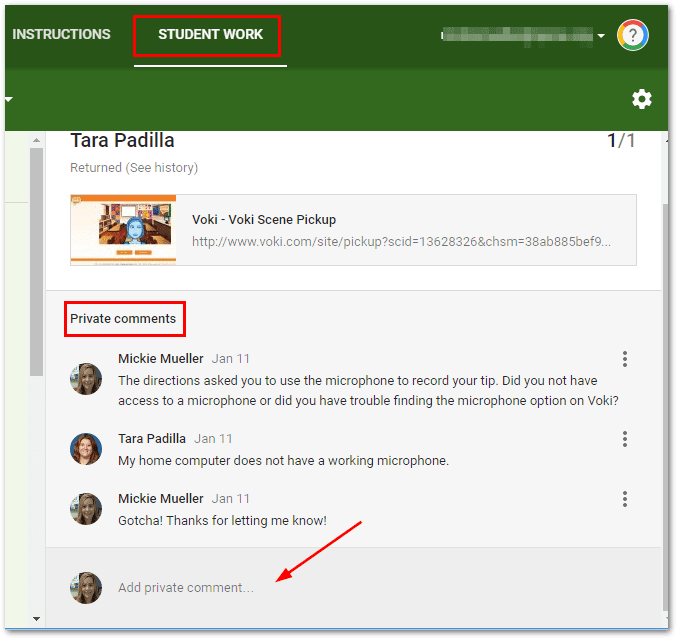 Google Classroom - private comments