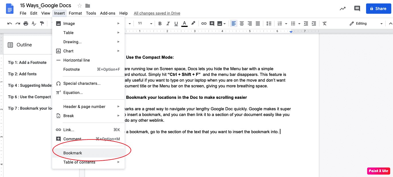Bookmark option - Google docs tips