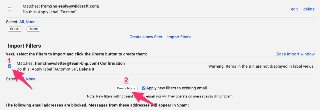 Screengrab of selecting "import filter"