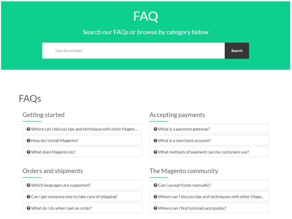 example of FAQ section used for customer self-service