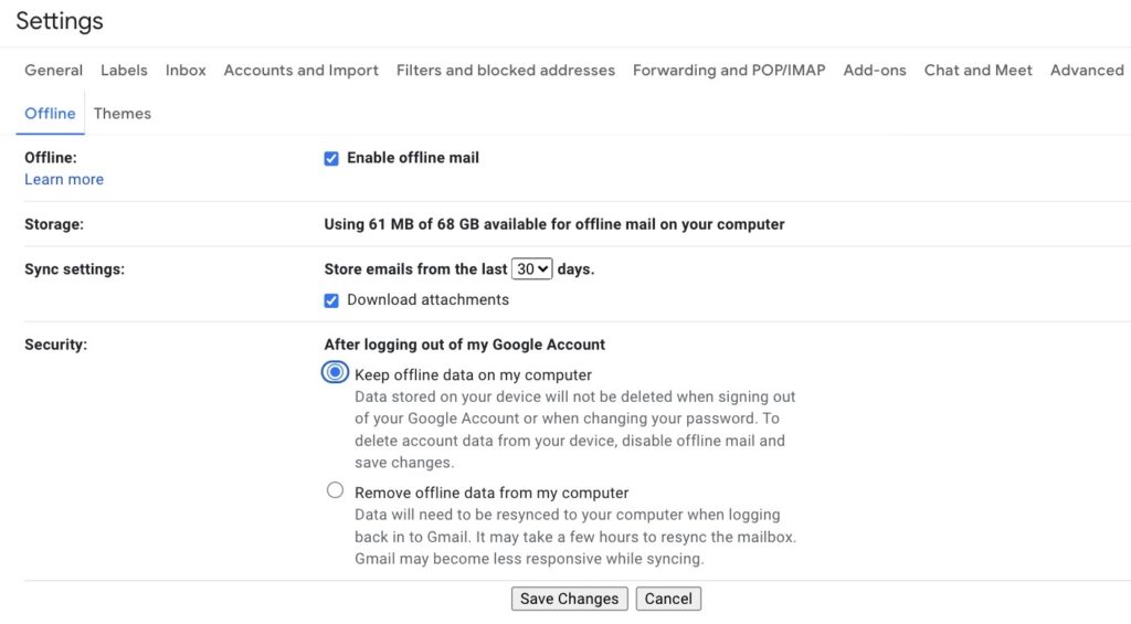 Enable offline mail - G suite offine