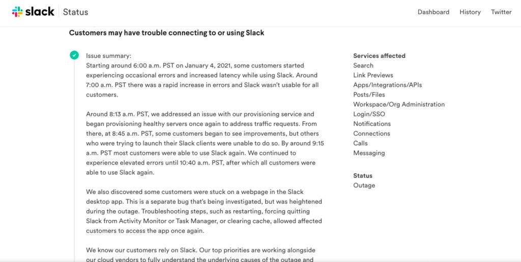 Slack status page for outage communication