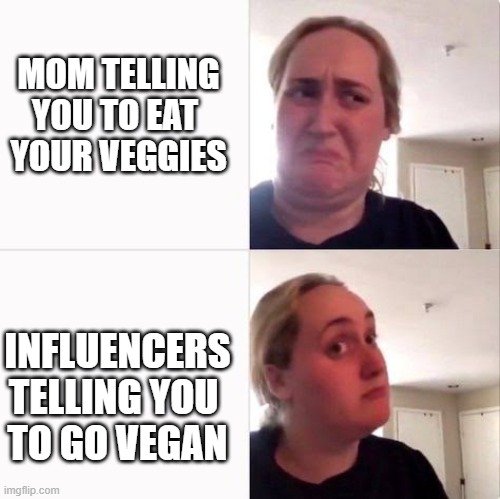 Brittany Broski meme used to illustrate the availibility cascade in customer experience. The text reads "mom telling you to eat veggies in frame 1". "Influencers telling you to go vegan" in frame 2