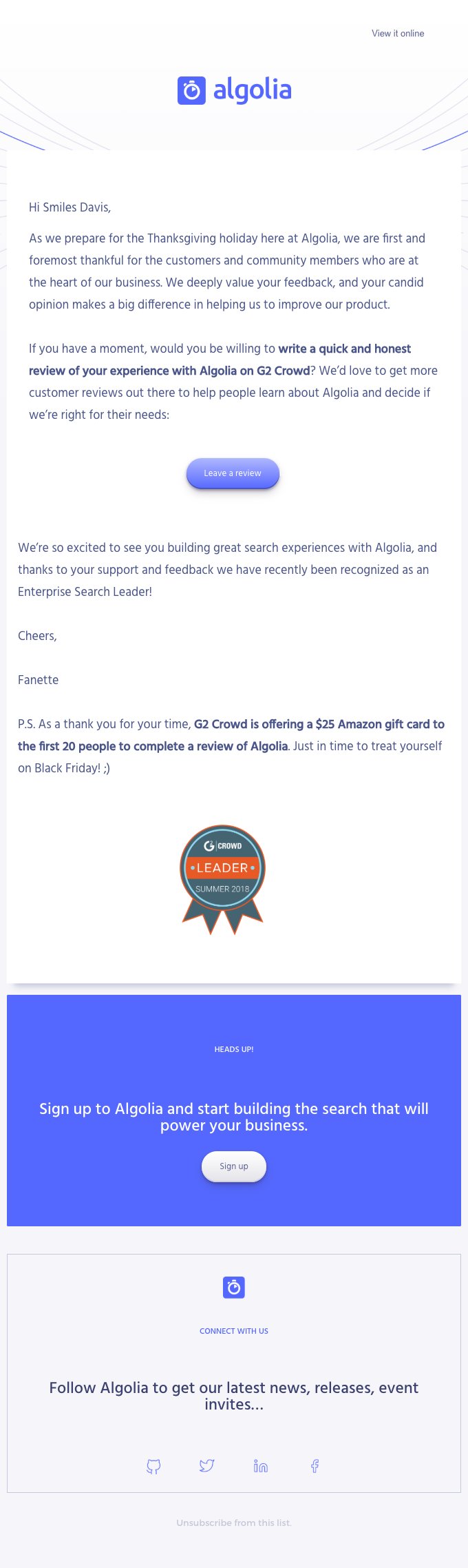 Example of Algolia's customer feedback email
