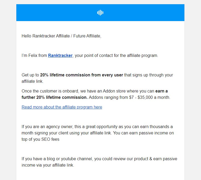 Example of Ranktracker's affiliate email