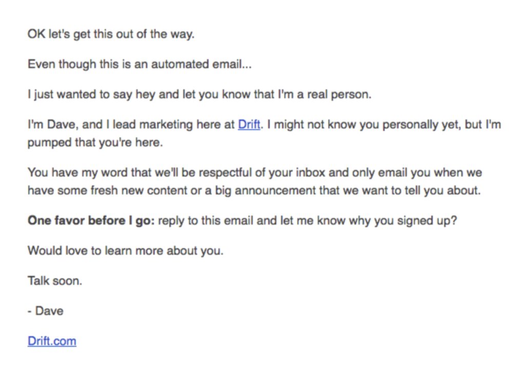 Drift's welcome email to customers