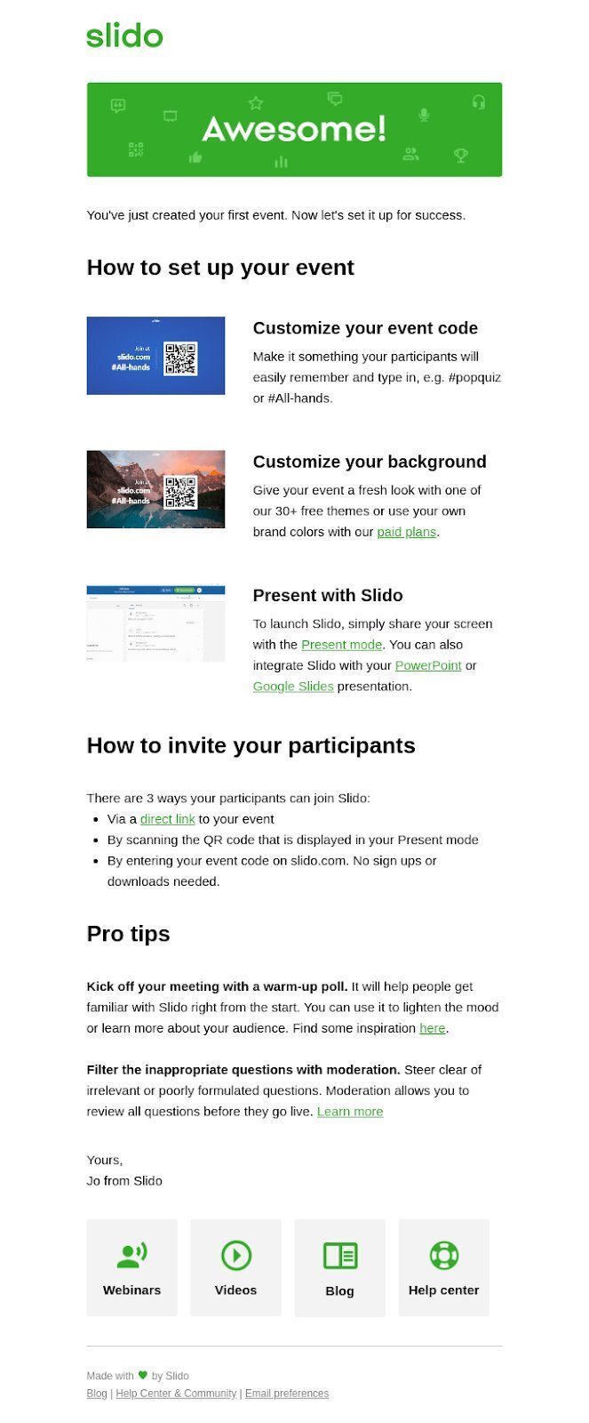 Example of Slido's pro tips email