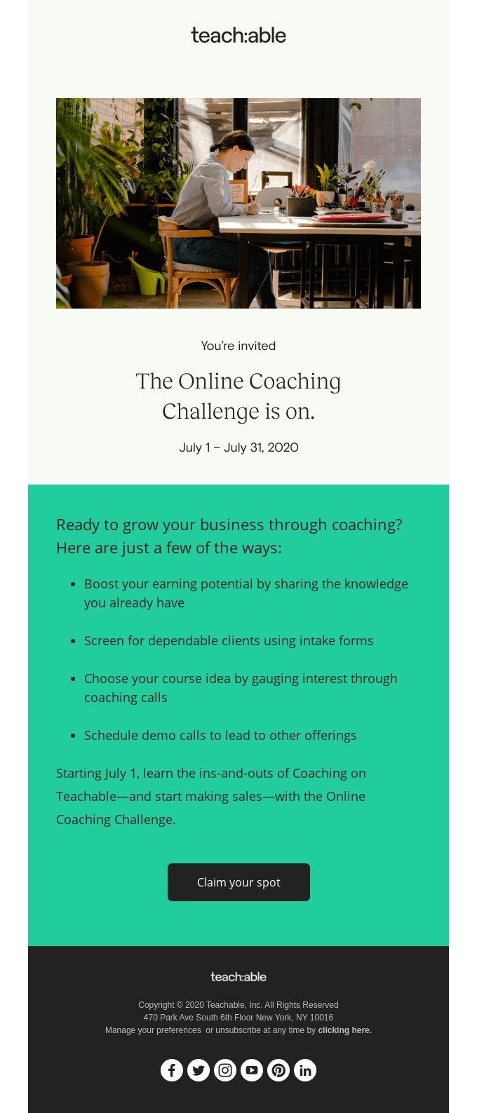 Example of Teachable's webinar email