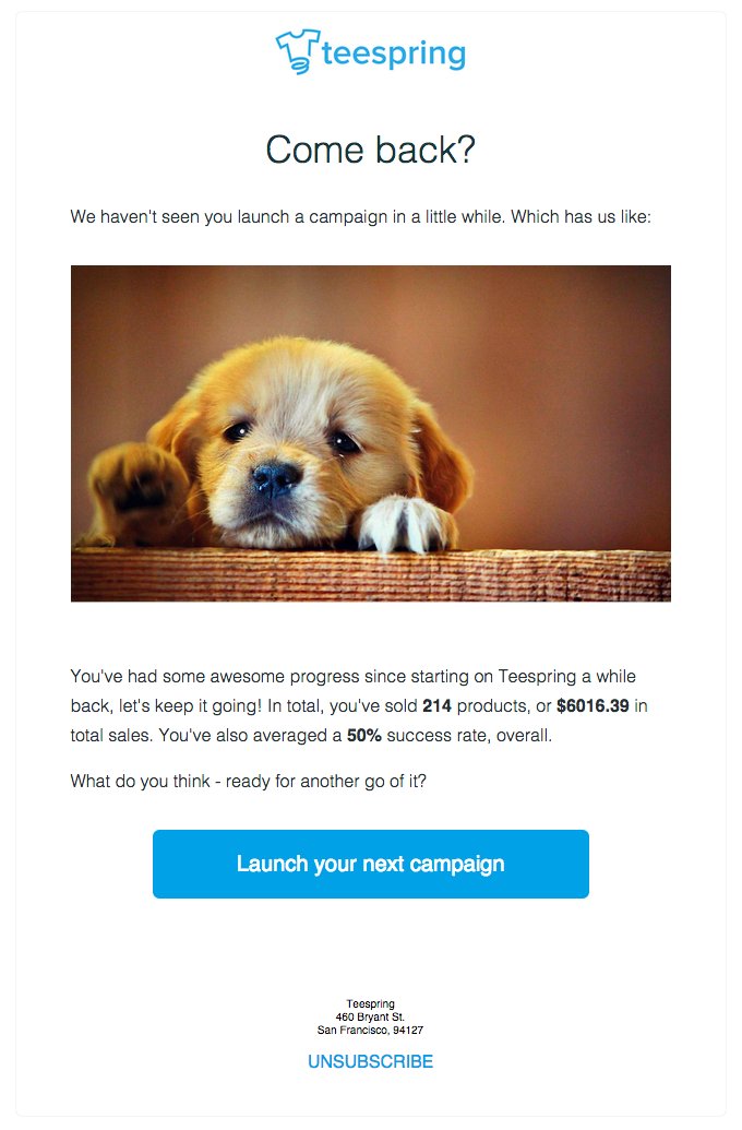 Example of Teespring's win-back email