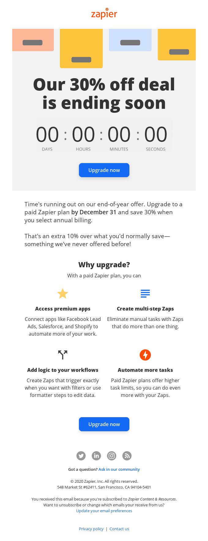 Example of Zapier's upgrade email