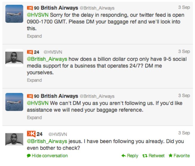 Twitter screengrab about a heated exchange between British Airways and a customer who has lost his baggage.