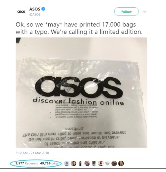 ASOS, UK fashion brand, made a typo in its packaging bags.