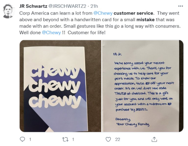 Customer service example - Handwritten apology note by Chewy