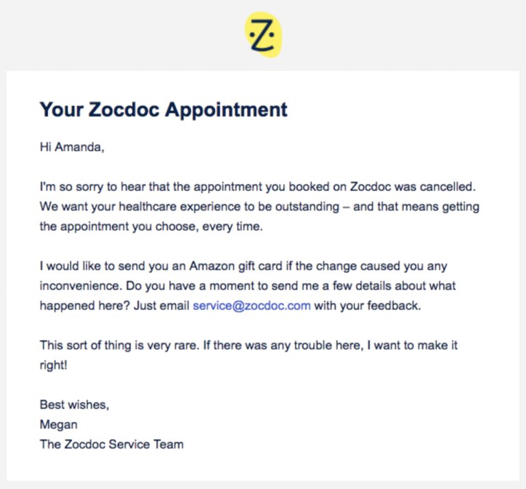 Zocdoc's apology to a customer