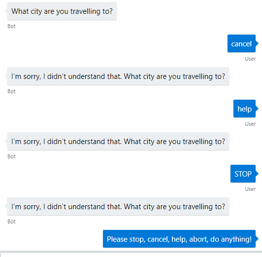 An example of a poor chatbot experience. In this instance, the chatbot is stubborn about not moving ahead with the conversation unless the user replies to the question.