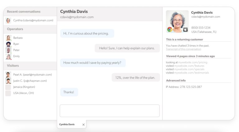 Olark live chat interface screenshot displaying a conversation between an operator and Cynthia Davis inquiring about pricing. The side panels provide details on recent conversations, operators, and visitor information, emphasizing Olark's comprehensive features as one of the best live chat software of 2023.