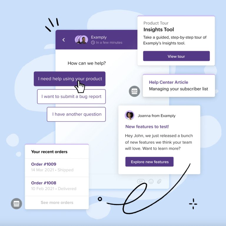 Interactive interface of Intercom's live chat feature, emphasizing its user-friendly design as one of the best live chat software in 2023. The image displays intuitive help options, product insights, recent user orders, and personalized messages from team members.