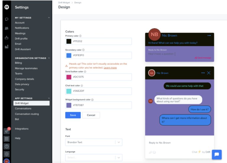 "Screengrab showcasing Drift's settings and chat interface, highlighting its position as one of the best live chat software in 2023. The image depicts customizable design options, user-friendly conversation prompts, and a streamlined menu for optimal user engagement.