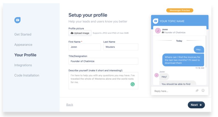 Screengrab of Freshchat's user interface, showcasing the process of setting up a profile for better user engagement, indicative of its place among the best live chat software in 2023. Features include customizable appearance, integrations, and a real-time messenger preview.