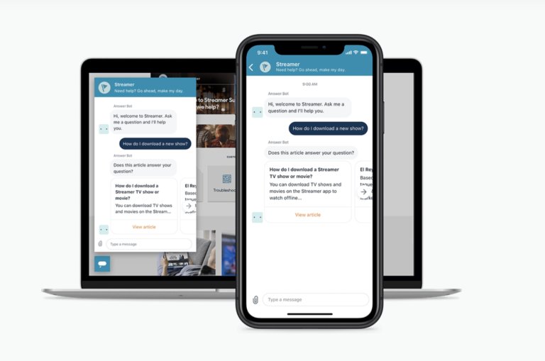 Screenshot showcasing Zendesk Chat on both a laptop and smartphone. The conversation features Streamer's Answer Bot assisting users with downloading content, exemplifying Zendesk as one of the best live chat software of 2023.