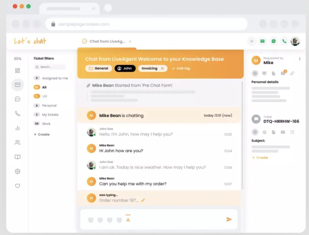 A user interface screenshot of the LiveAgent live chat software as one of the best live chat software of 2023. Its showcasing a conversation between support agent 'John Doe' and customer 'Mike Bean' with ticketing and filter features visible.