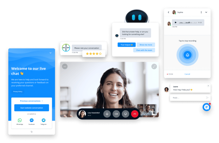 Screengrab of Userlike's interface, a contender for the best live chat software in 2023. The display showcases seamless user experience with prompts for feedback, multi-channel support, and a real-time video chat feature, enhancing customer interaction.