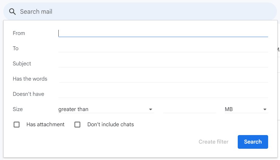 Screengrab of filter conditions that appear on the Gmail search bar 
