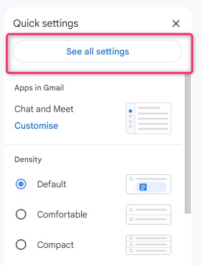 Gmail Screengrab of settings option next click on "See all settings"