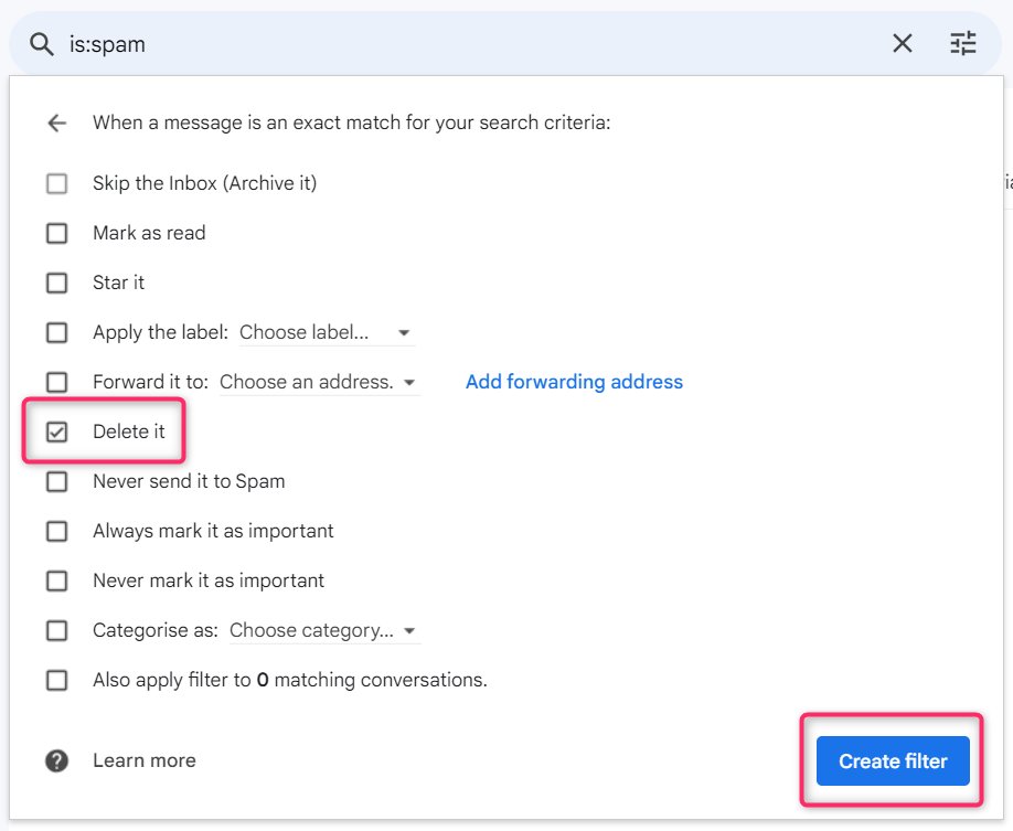 Screengrab of filter conditions that appear on the Gmail search bar. Check the boxes "Delete it" and select "Create FIlter".