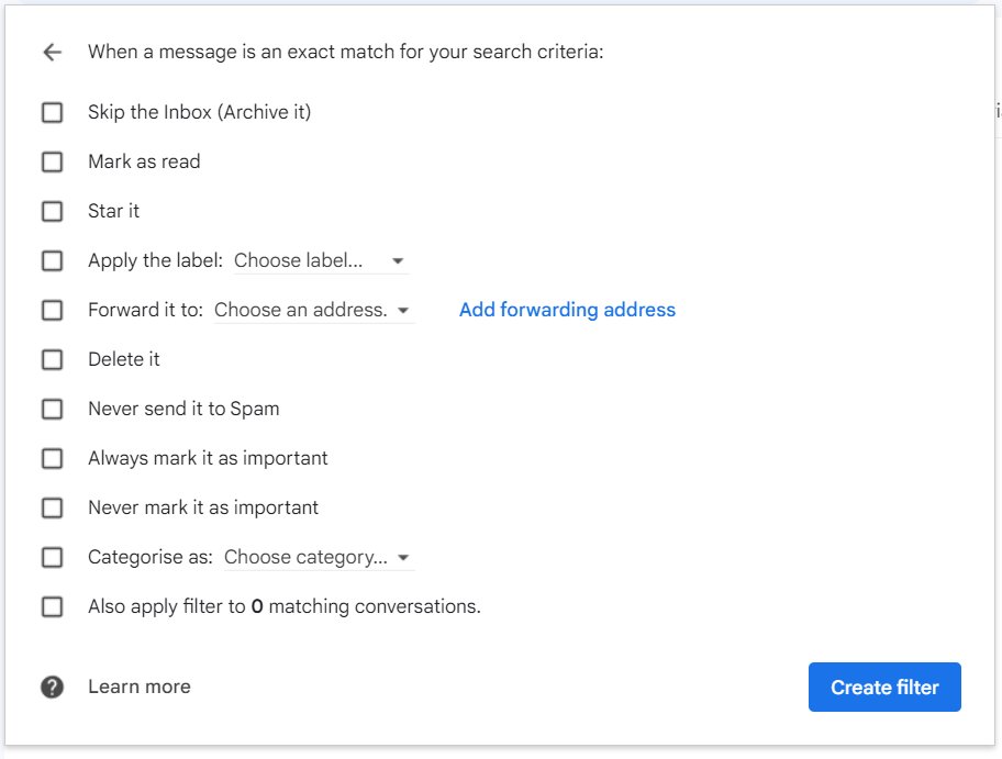 Screengrab of Gmail's filter actions.