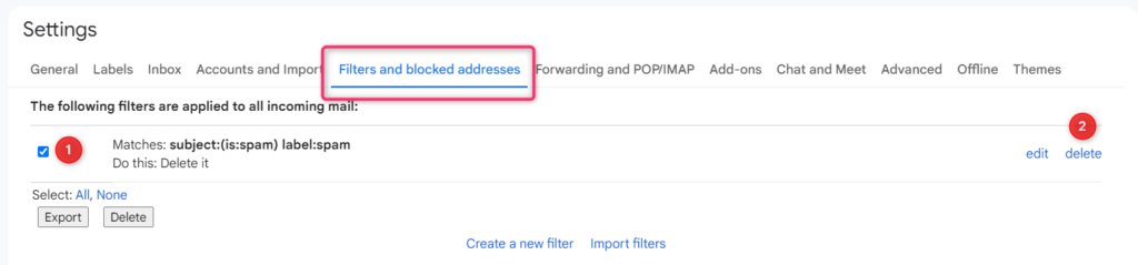 Scrreengrab of Filters and Blocked addresses tab inside Gmail settings. Click on "Create a filter".