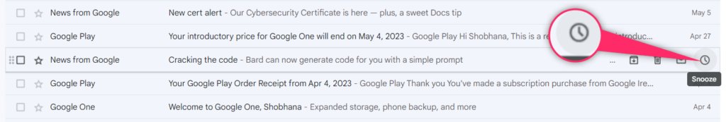 Screengrab of highlighted snooze button in the right side of Gmail inbox