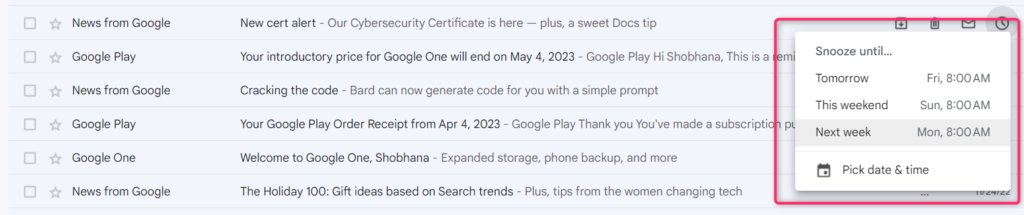Screengrab of highlighted snooze button in the right side of Gmail inbox. Click the snooze button and select date and time to snooze