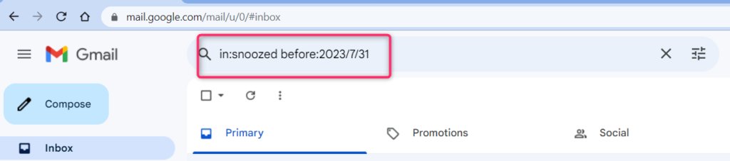 Screengrab of filter in the gmail search bar. Add the filter in:snoozed before:insert date in YY/MM/DD format
