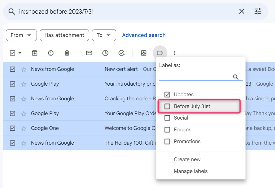 Add the filter in:snoozed before:insert date in YY/MM/DD format