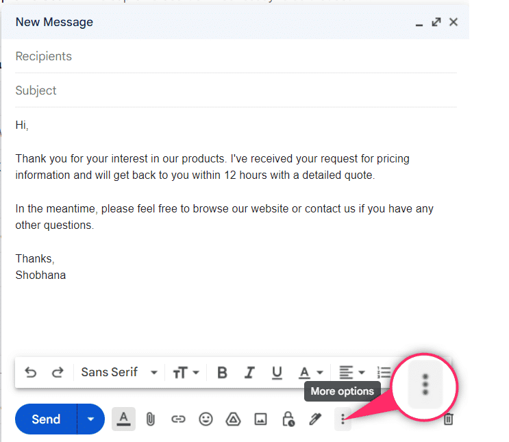 Screengrab of a composed email with a template 