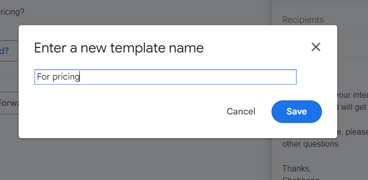 Screengrab of entering template name