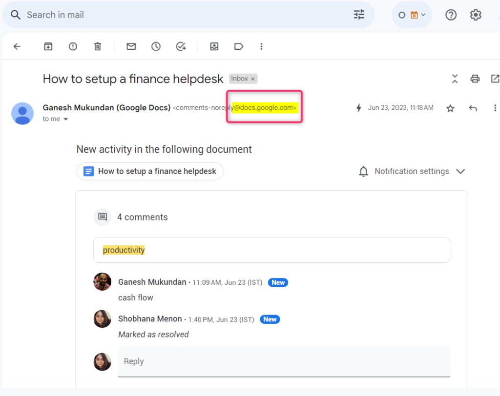 Screengrab of email with the Google file comment notification