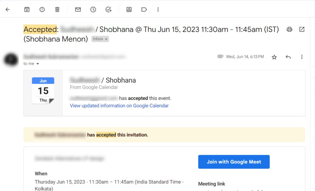 Screengrab of email with the Google calendar notification.