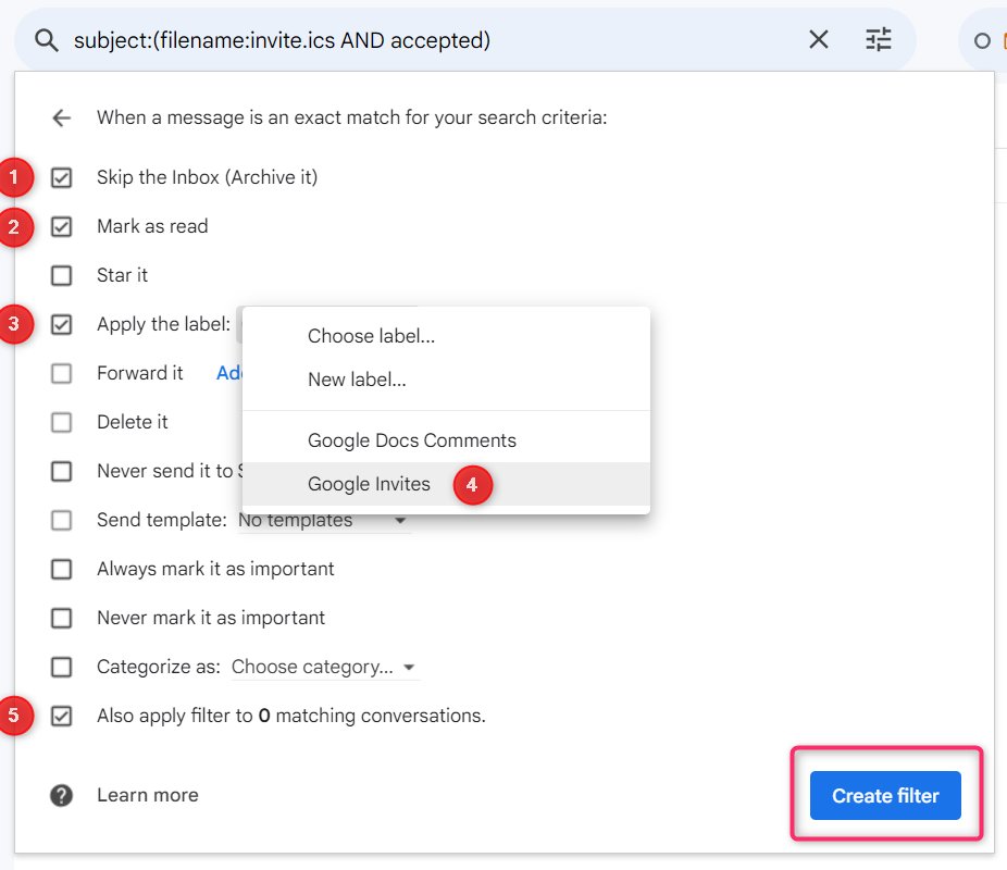 Screengrab of filter conditions that appear on the Gmail search bar. Check the boxes "Skip the inbox", "Mark as read" "Apply the label" and select "Google Docs Comments". Check "Also apply filter to matching conversations". Click "Create filter".