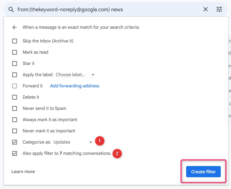 Screengrab of different Gmail filter actions