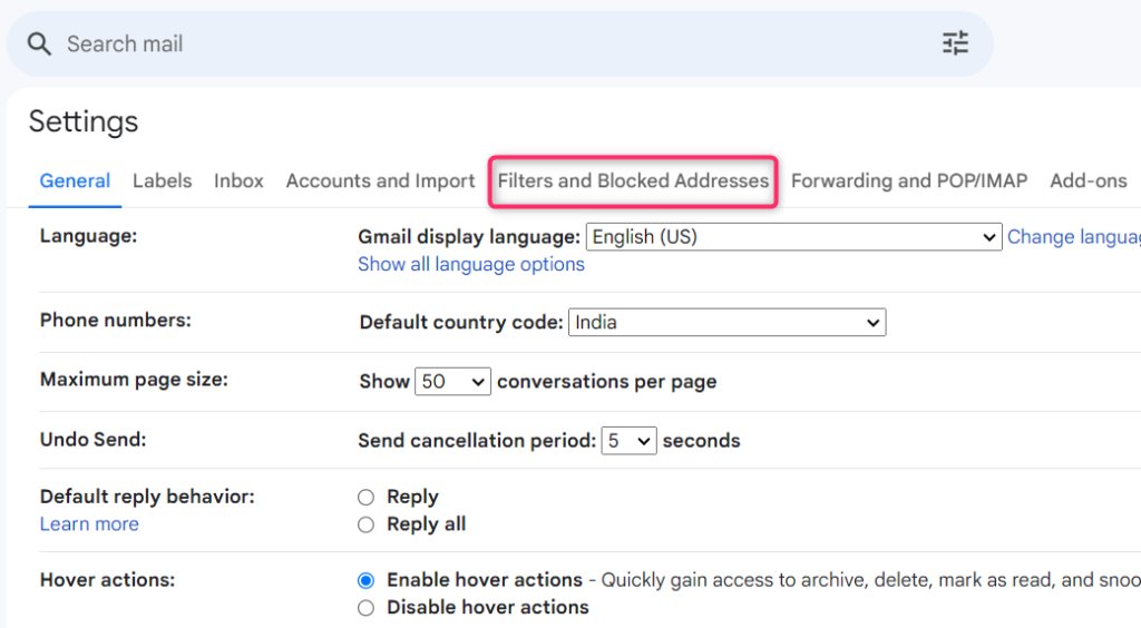 Gmail screengrab of "Filters and Blocked Addresses" inside the Gmail settings option