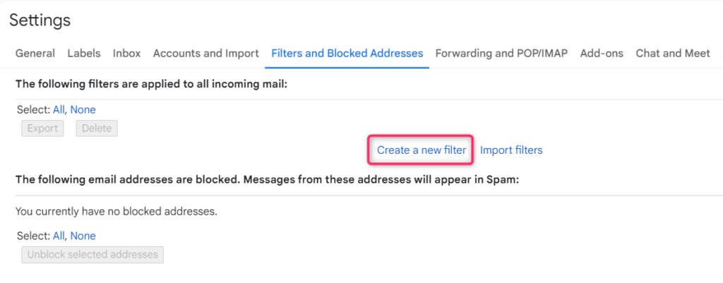 Screengrab of Filters and Blocked addresses tab inside Gmail settings