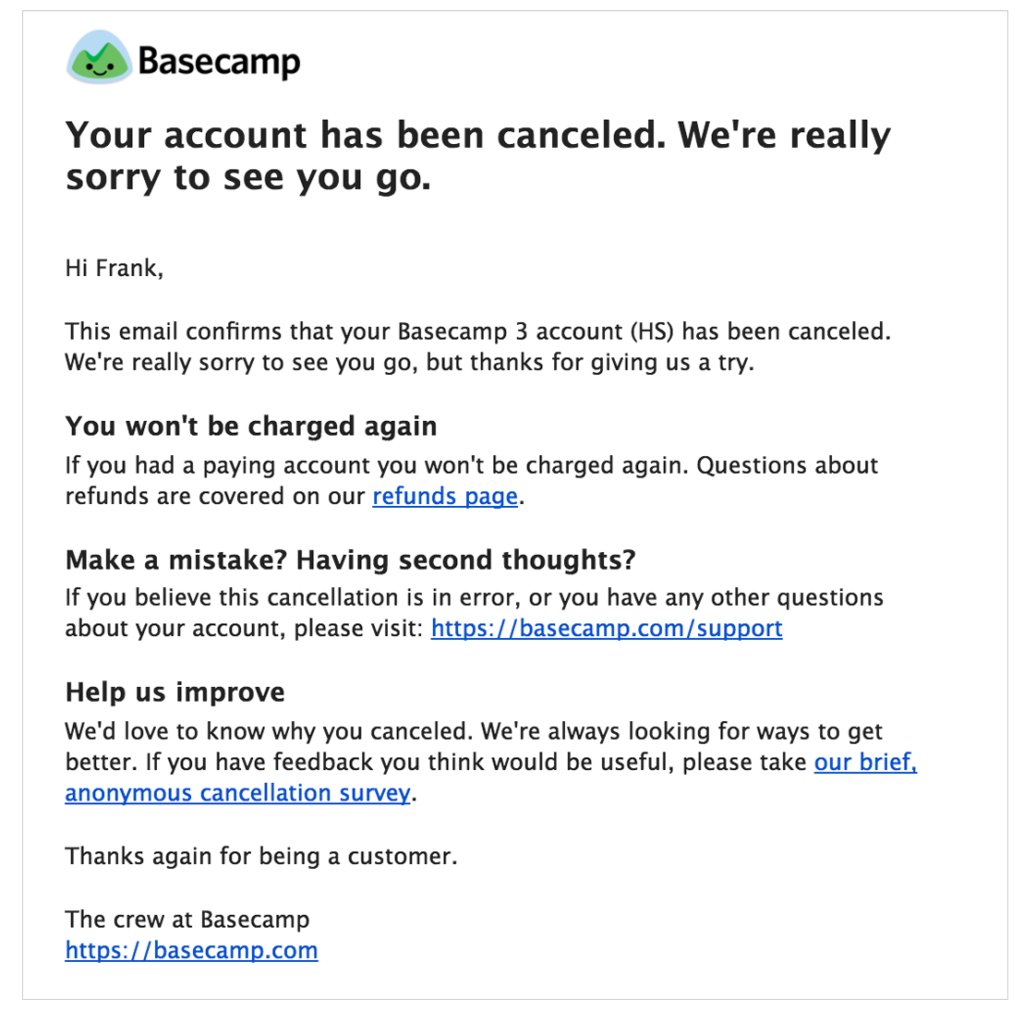 Example of Basecamp's Subscription Cancellation Confirmation Email