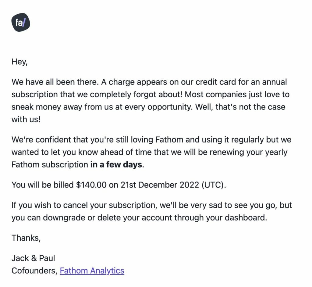 Example of Fathom's Renewal Reminder Email