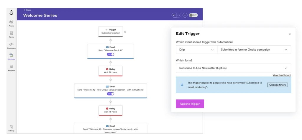 Drip's email automation interface