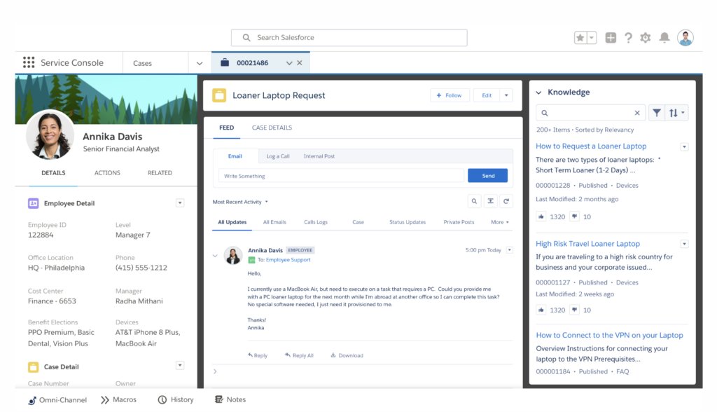 Image of Salesforce Service Cloud's user interface, a robust Freshdesk alternative. The screen is divided into three sections. On the left, there's a profile of Annika Davis, a senior financial analyst, displaying her employee details, office location, and devices used. The center section shows an open case titled 'Loaner Laptop Request' with an email exchange between Annika and employee support. To the right, a knowledge base is visible with articles such as 'How to Request a Loaner Laptop' and 'High-Risk Travel Loaner Laptop', providing quick access to relevant information.