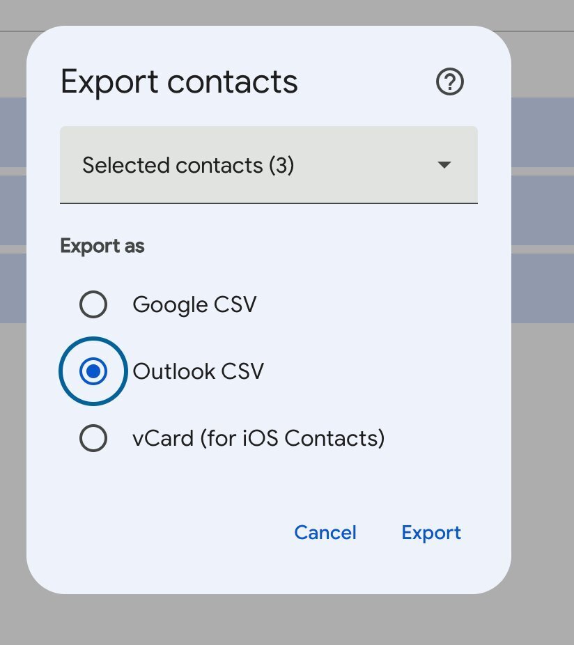 Saving contacts as Outlook CSV