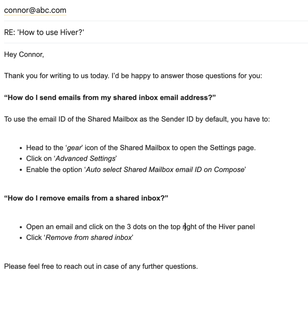 Example of a customer service email with proper formatting